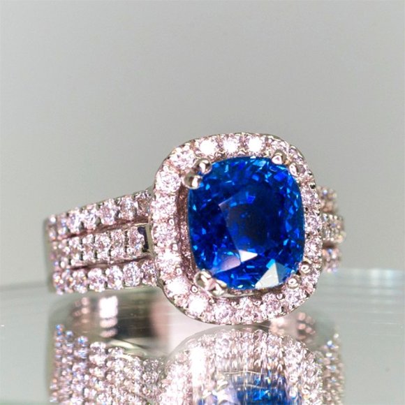 3/$35 Cushion Cut Blue Sapphire Halo Copper Ring CZ Engagement Style Statement - Picture 1 of 7